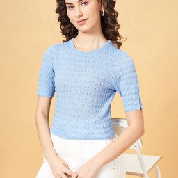People Blue Self Design Round Neck Regular Crop Top-picture-43