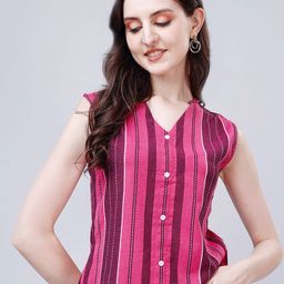 Kinjo Vertical Stripes V-Neck Cotton Regular Top-image-7