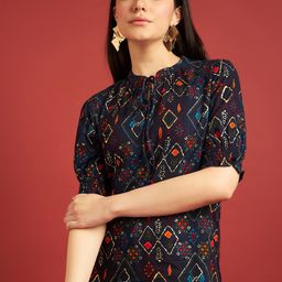 all about you Geometric Print Tie-Up Neck Puff Sleeves Regular Top-picture-38