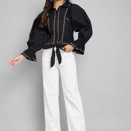 Amagyaa Geometric Print Cotton Tie-Up Neck Cuffed Sleeves Shirt Style Casual Top-picture-20