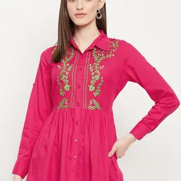 Ruhaans Floral Embroidered Shirt Style Longline Top-10