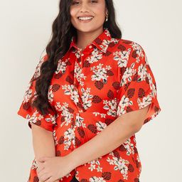 CURVE BY KASSUALLY Red Plus Size Floral Print Extended Sleeves Shirt Style Top-76