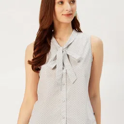 Xpose Women White Polka Dots Printed Tie-Up Neck Shirt Style Top-picture-15