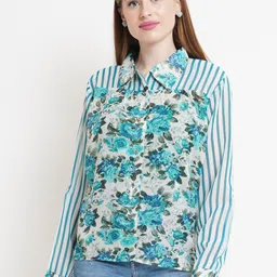 Purple State White Floral Print Georgette Shirt Style Top-image-93
