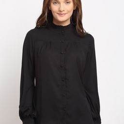 La Zoire Black Mandarin Collar Shirt Style Top with Frilled Details-picture-20