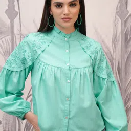Vishudh Mandarin Collar Puff Sleeves Shirt Style Top-picture-22
