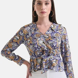 Kazo Ethnic Motifs Printed Waist Tie-Ups Peplum Satin Wrap Top-picture-18