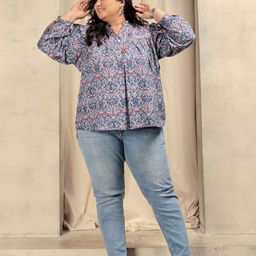 BAESD Plus Size Abstract Print Mandarin Collar Cuffed Sleeves Shirt Style Top-13