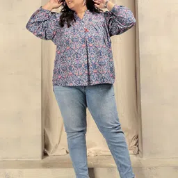 BAESD Plus Size Floral Printed Mandarin Collar Puff Sleeves Shirt Style Top-image-47