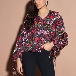 Kibo Floral Printed Puff Sleeves Tie Up Crepe Top-image-46