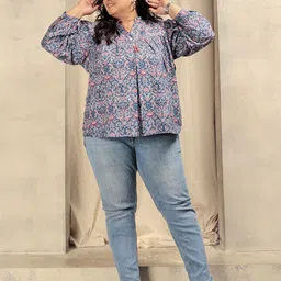 BAESD Plus Size Abstract Print Mandarin Collar Cuffed Sleeves Shirt Style Top-14