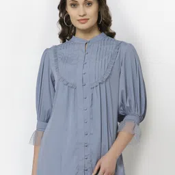 BLANC9 Blue Mandarin Collar Crepe Shirt Style Top-35