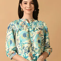 KALINI Floral Print Mandarin Collar Linen Shirt Style Top-image-25
