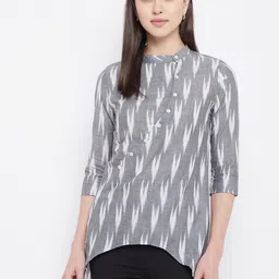 BAESD Ikkat Print Band Collar Shirt Style Cotton Top-image-6