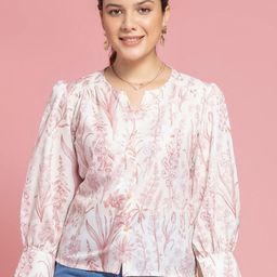 OCTICS White Floral Print Puff Sleeve Cotton Shirt Style Top-image-15