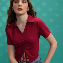 Tokyo Talkies Red Shirt Collar Tie-Ups Ruched Regular Top-picture-51
