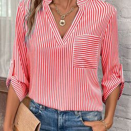 StyleCast Striped Mandarin Collar Roll-Up Sleeves Shirt Style Top-image-16