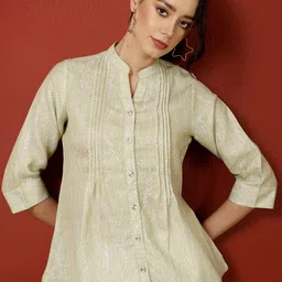 Jaipur Kurti Floral Print Mandarin Collar Pleated Shirt Style Top-image-52
