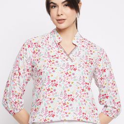 Mayra White Floral Print Band Collar Shirt Style Top-image-19