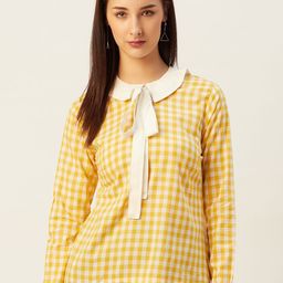 Belle Fille Yellow & White Checked Peter Pan Collar Regular Top-picture-33