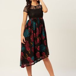 Belle Fille Women Black & Red Floral Print Asymmetric A-Line Midi Dress with Lace Inserts-picture-8