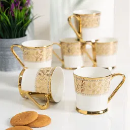 CLAY CRAFT Premium White 6 Pcs Handcrafted Printed Ceramic Glossy Cups - 180 ml each-picture-42