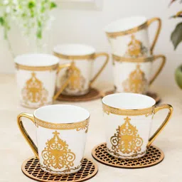 CLAY CRAFT 6 Pcs White & Gold-Toned Printed Ceramic Glossy Cups - 180 ML Each-image-78