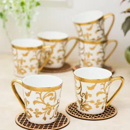 CLAY CRAFT White & Gold-Toned 6 Pieces Floral Printed Ceramic Glossy Cups 180 ml each-0