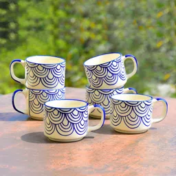 StyleMyWay White & Blue 6 Pcs Printed Ceramic Glossy Cups 150 ml-3