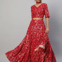 AKS Red & Gold-Toned Printed Ready to Wear Lehenga &-picture-4