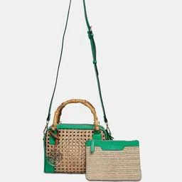 HIE Mila Textured Self Design Structured Jute Handheld Bag With Pouch image 5