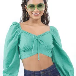 Tokyo Talkies Self Design Tie-up Detail Sweetheart Neck Puff Sleeves Fitted Crop Top-image-93