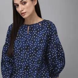 Roadster Navy Blue & White Polka Dots Print Keyhole Neck Bishop Sleeves Pure Cotton Top-image-20