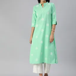Swishchick Geometric Embroidered Keyhole Neck Three-Quarter Sleeves Cotton Kurta-picture-24