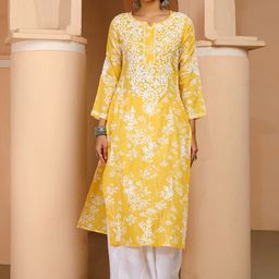 House of Chikankari Floral Embroidered Straight Chikankari Cotton Kurta-picture-53