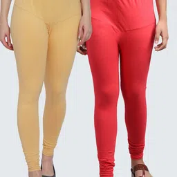 GRACIT Women Pack Of 2  Orange & Beige Solid Churidar-Length Leggings-image-42