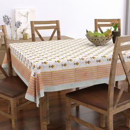 BLOCKS OF INDIA White & Yellow Block Print Pure Cotton Rectangular 6-Seater Table Cover-38