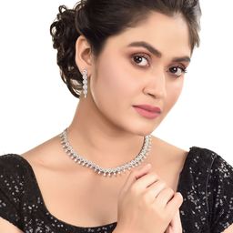 Saraf RS Jewellery Silver-Plated Leaf Design AD -Studded Necklace with Earrings-image-58