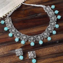 KARATCART Oxidised Silver-Plated Beaded Kundan Necklace & Earrings-picture-37