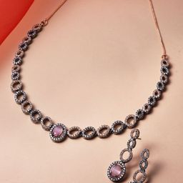 ZENEME Rose Gold-Plated American Diamond Necklace and Earrings-image-68