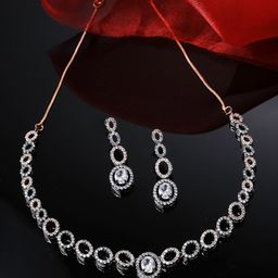ZENEME Rose Gold-Plated American Diamonds-Studded  Ovate Shaped Jewellery Set-image-85