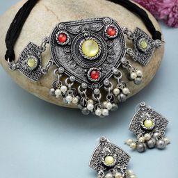 Moedbuille Silver-Plated Stones Studded & Pearls Beaded Jewellery Set-image-20