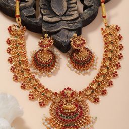 PANASH Gold-Plated Stones Studded & Beaded Necklace And Earrings-28