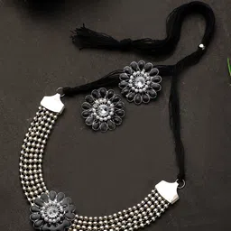 CARDINAL Silver-Toned Black Stone Studded Oxidized Choker Necklace Set-picture-16
