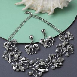 ZENEME Silver-Plated Cubic Zirconia & Pearls Studded Leaf Shaped Necklace & Earrings-6