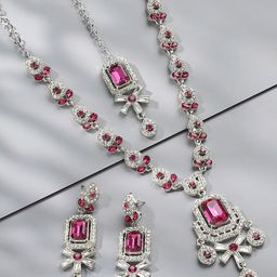 VATSALYA creation Rhodium-Plated Stones Studded Necklace & Earrings With Maang Tika-picture-16