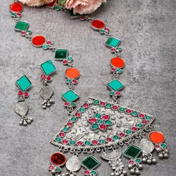 Moedbuille Silver-Plated Mirrors & Crystals Studded Tribal Design Oxidised Jewellery Set-40