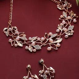 ZENEME Rose Gold-Plated Cubic Zirconia & Pearls Studded Leaf Shaped Necklace & Earrings-17