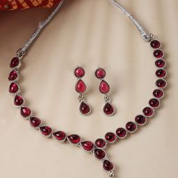 ZENEME Rhodium-Plated Dual Shaped AD Studded Necklace with Earrings Jewellery Set-image-32