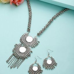 CARDINAL Oxidised Silver-Toned Mirror Studded Jewellery Set-44